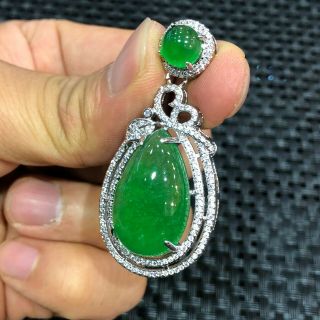 Chinese Handwork 925 Silver & Green Jadeite Jade Collectible Drop - Shaped Pendant 3