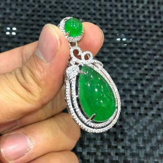 Chinese Handwork 925 Silver & Green Jadeite Jade Collectible Drop - Shaped Pendant 4