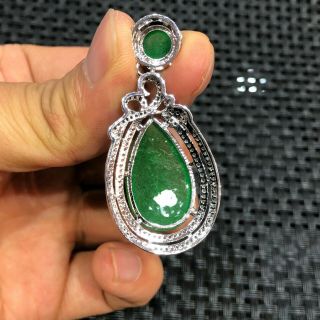 Chinese Handwork 925 Silver & Green Jadeite Jade Collectible Drop - Shaped Pendant 5