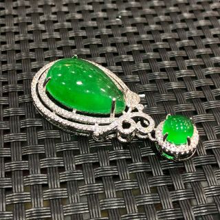 Chinese Handwork 925 Silver & Green Jadeite Jade Collectible Drop - Shaped Pendant 6