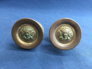 Rare Pair Antique Native American Indian Chief Embossed Brass Drawer Pulls