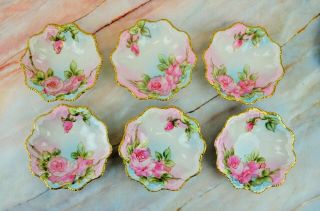 Set Of 6 Vintage Hand Painted With Pink Roses Gilt Gold Rim Bowls Made In Japan