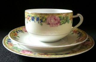 Antique Limoges Haviland & Co Pink Cabbage Rose Cup,  Saucer,  Dessert Plate Trio