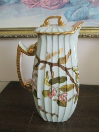 Antique 1888 Unmarked Signed Hand Painted Chocolate Pot Light Green Flowers Gold