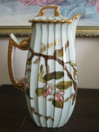 Antique 1888 Unmarked Signed Hand Painted Chocolate Pot Light Green Flowers Gold 2
