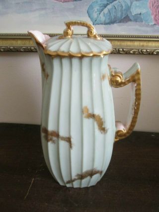 Antique 1888 Unmarked Signed Hand Painted Chocolate Pot Light Green Flowers Gold 8