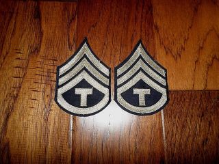 1 Pair Us Army Wwii Tech Sergeant Stripes Silver On Black Twill Patches