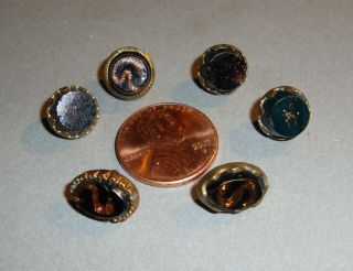 Antique Waistcoat Buttons Faceted Black Glass W/ Goldstone In Brass Settings