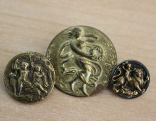 3 Antique Brass Picture Buttons Cherub On Lion,  Lady Or Angel,  Hunting Scene