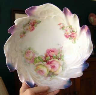 Lovely Vintage German Porcelain Roses Decorated Lustre Trm Display Bowl