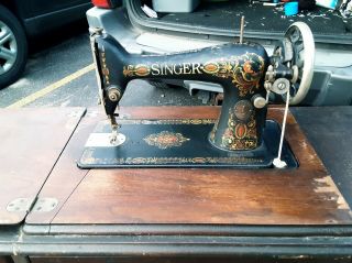 Antique Singer Sewing Machine Model 66 - 1 Red Eye Cabinet Table 1910 Cast Iron