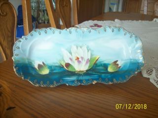 Prussia Crown B Water Lillies On A Deep Blue & Gold Trim Porcelain Celery Dish