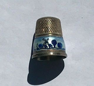 Antique Enamel Sterling Thimble Windmills Boats Sz 6 Blue & White Enamel Germany