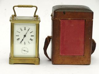 19th C.  Antique French Brass Carage Clock Leather Case