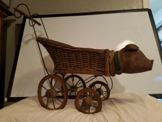 VINTAGE ANTIQUE WICKER WOOD METAL CHILD ' S TOY DOLL PIG STROLLER BUGGY CARRIAGE 3