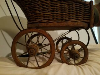 VINTAGE ANTIQUE WICKER WOOD METAL CHILD ' S TOY DOLL PIG STROLLER BUGGY CARRIAGE 4