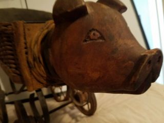VINTAGE ANTIQUE WICKER WOOD METAL CHILD ' S TOY DOLL PIG STROLLER BUGGY CARRIAGE 6