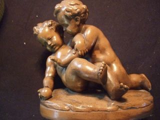 Two Boys Wrestling Over Apple,  Nude,  Plaster,  10x10x6 " Sgn Bolinahey (?) Brown
