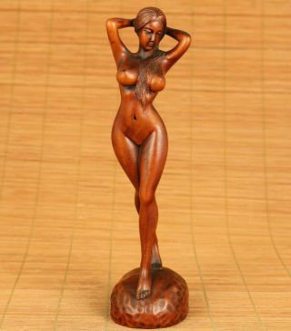 Old Boxwood Hand Carved Belle Girl Dancing Long Hair Statue Collect Blessing