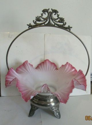 Antique Brides Basket,  Art Glass Pink To White Ruffled Bowl In Silverplate Frame