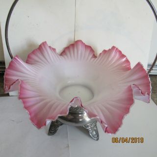 Antique brides basket,  art glass pink to white ruffled bowl in silverplate frame 2