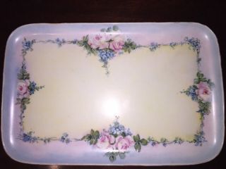 Vintage P L France Hand Painted Limoge Roses Bluebonnets 12” Pin Tray Platter