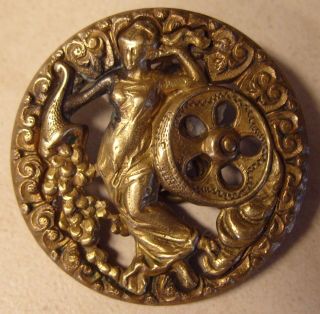 1 1/8ths " Pierced Brass Art Nouveau Woman,  Cornucopia.  Lg Wheel Antique Button