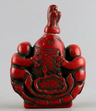 Collectable Antique Red Coral Hand Carve Fairchild & Fish Delicate Snuff Bottle 2