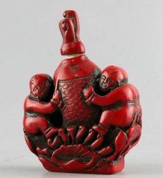 Collectable Antique Red Coral Hand Carve Fairchild & Fish Delicate Snuff Bottle 4