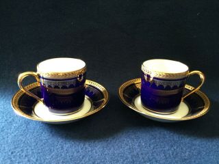 Rare Antique Limoges D&c France•pair Demitasse Cups & Saucers•cobalt & Gold•mint