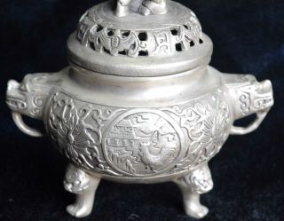Ancient Collectable Old Art Miao Silver Carve Lion Around Kylin Incense Burner 2