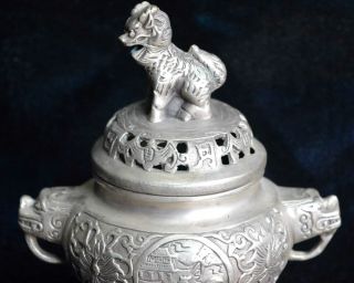 Ancient Collectable Old Art Miao Silver Carve Lion Around Kylin Incense Burner 3