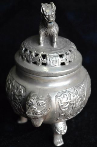 Ancient Collectable Old Art Miao Silver Carve Lion Around Kylin Incense Burner 4