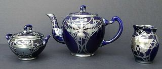 Vintage Cobalt Sterling Silver Overlay Deco Tea Set (probably Lenox 1906 - 1930)