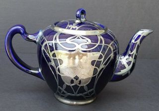 VINTAGE COBALT Sterling Silver Overlay DECO Tea Set (PROBABLY LENOX 1906 - 1930) 2