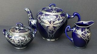 VINTAGE COBALT Sterling Silver Overlay DECO Tea Set (PROBABLY LENOX 1906 - 1930) 4