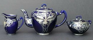 VINTAGE COBALT Sterling Silver Overlay DECO Tea Set (PROBABLY LENOX 1906 - 1930) 5