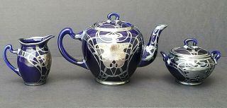 VINTAGE COBALT Sterling Silver Overlay DECO Tea Set (PROBABLY LENOX 1906 - 1930) 6
