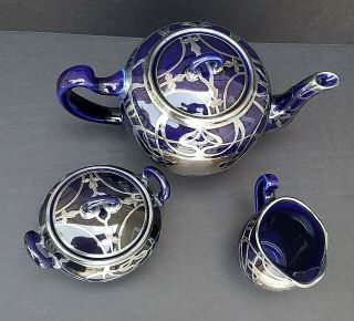 VINTAGE COBALT Sterling Silver Overlay DECO Tea Set (PROBABLY LENOX 1906 - 1930) 7