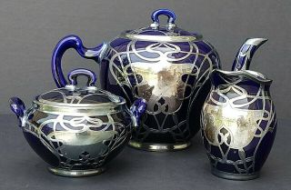 VINTAGE COBALT Sterling Silver Overlay DECO Tea Set (PROBABLY LENOX 1906 - 1930) 8