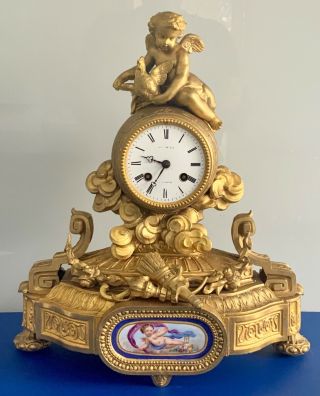 Antique 19th C French Gilt& Sevres Porcelain Figural Mantle Clock By Japy Freres