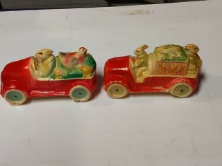 2 Vintage Antique Celluloid Easter Bunny Cars With Chicken & Bunny Toy