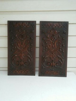 2 Matching Antique French Hand Carved Wood Architectural Salvage Panel Furniture