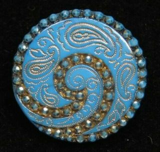Antique Glass Button Blue W Gold Lines Victorian Paisley 11/16 A21