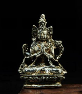 Chinese Old Handmade Cooper - Plating Silver Guanyin Statue A01