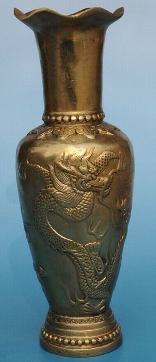 Chinese Old Copper Handwork Carving Dragon And Phoenix Pattern Vase E01