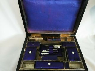 Antique Victorian Burled Walnut Sewing Box Mother Of Pearl Inlay W/ Accessories