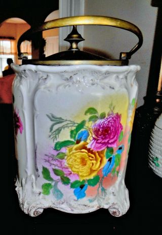 Antique English Crumpet Biscuit Jar With Large Roses.  On 4 Legs