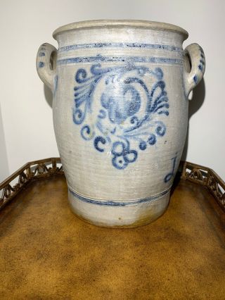 Antique Cobalt Blue Salt Glaze Westerwald Stoneware Crock With Lug Handles