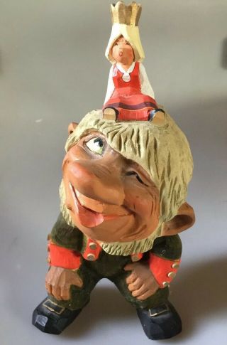 Norwegian Henning Carving - 11 " Troll With Princess On Head - Signed